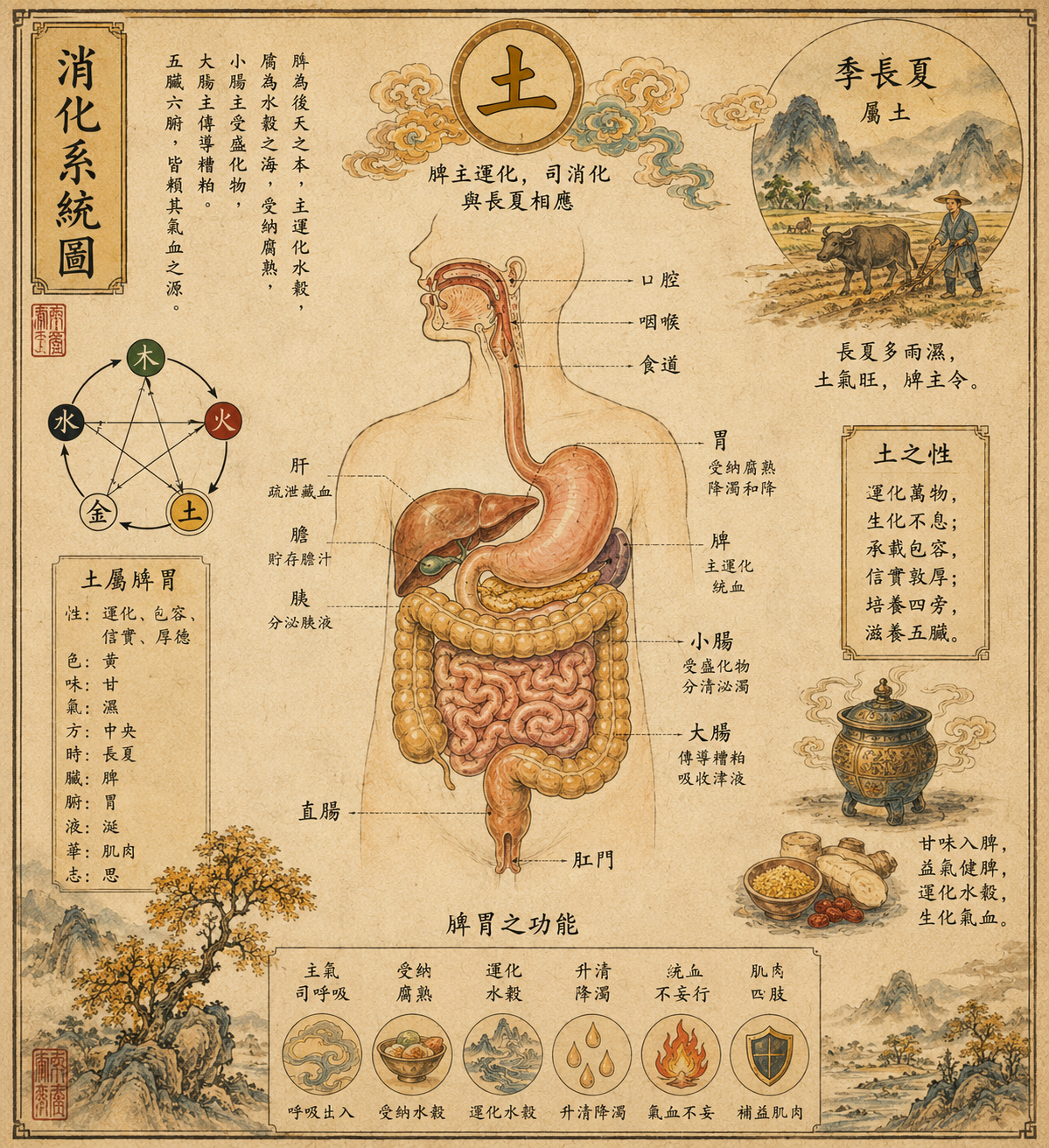 Diagramme des éléments chinois avec description détaillée.