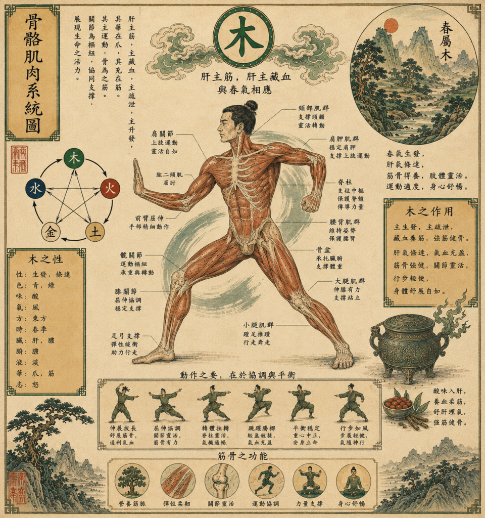 Illustration anatomique chinoise avec éléments de médecine traditionnelle.