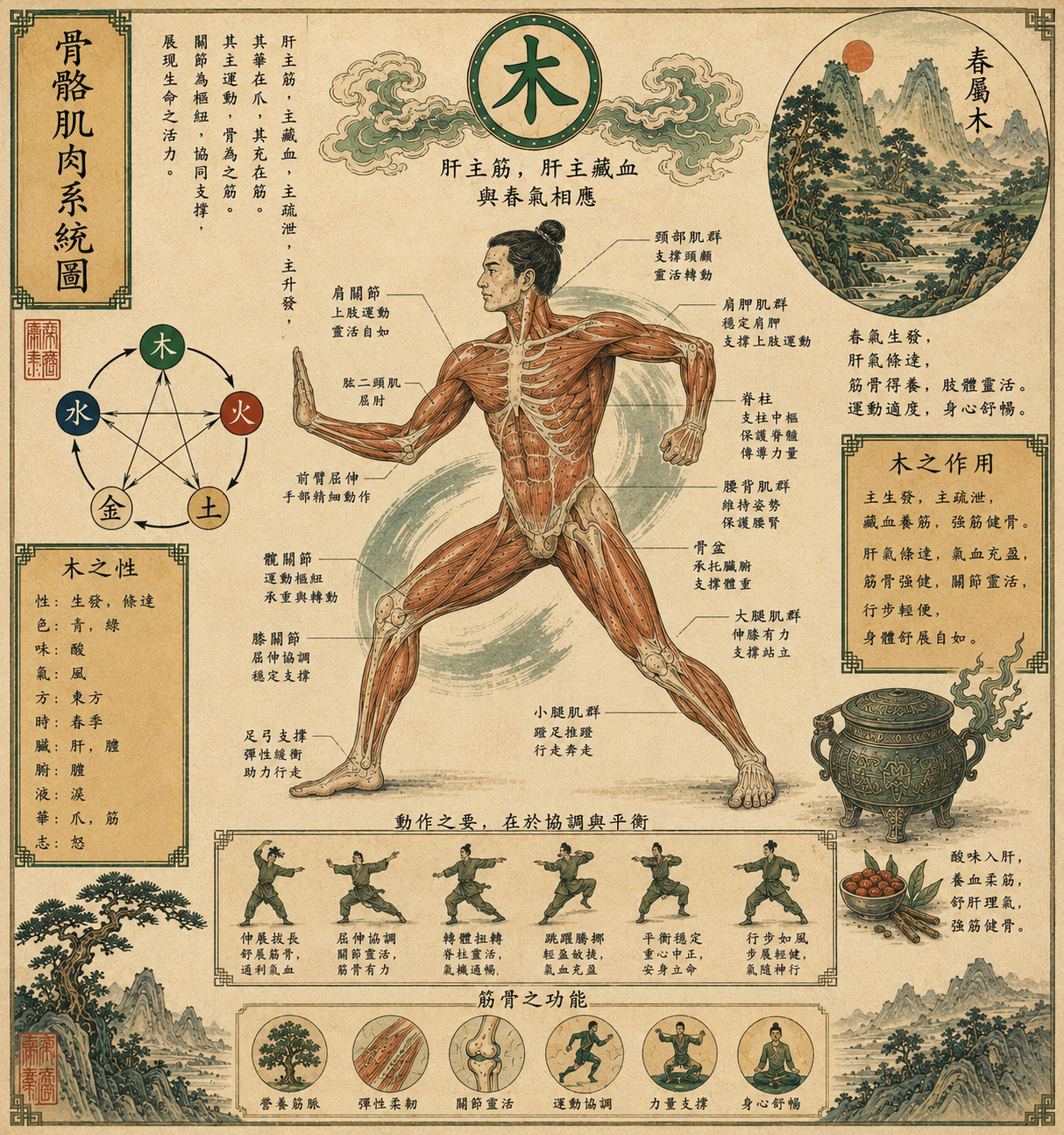 Illustration anatomique chinoise avec éléments de médecine traditionnelle.
