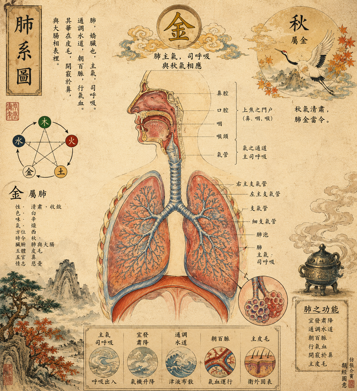 Diagramme traditionnel des poumons et éléments en style ancien chinois.