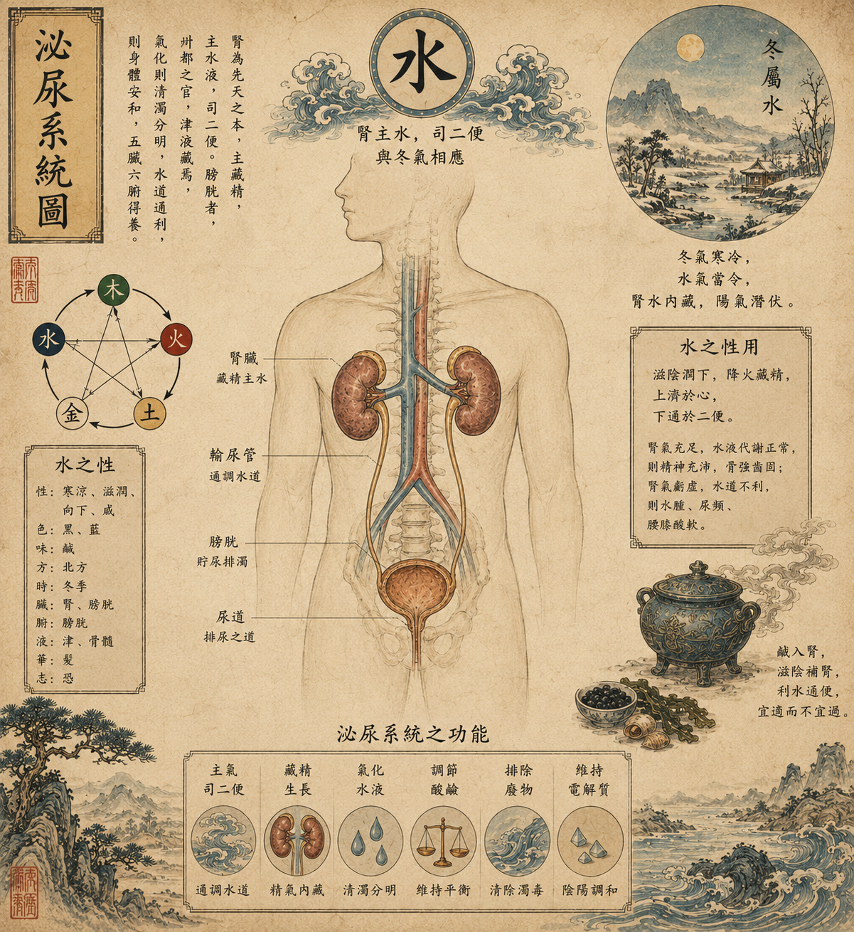 Diagramme traditionnel chinois des reins et de l'eau dans la médecine chinoise.
