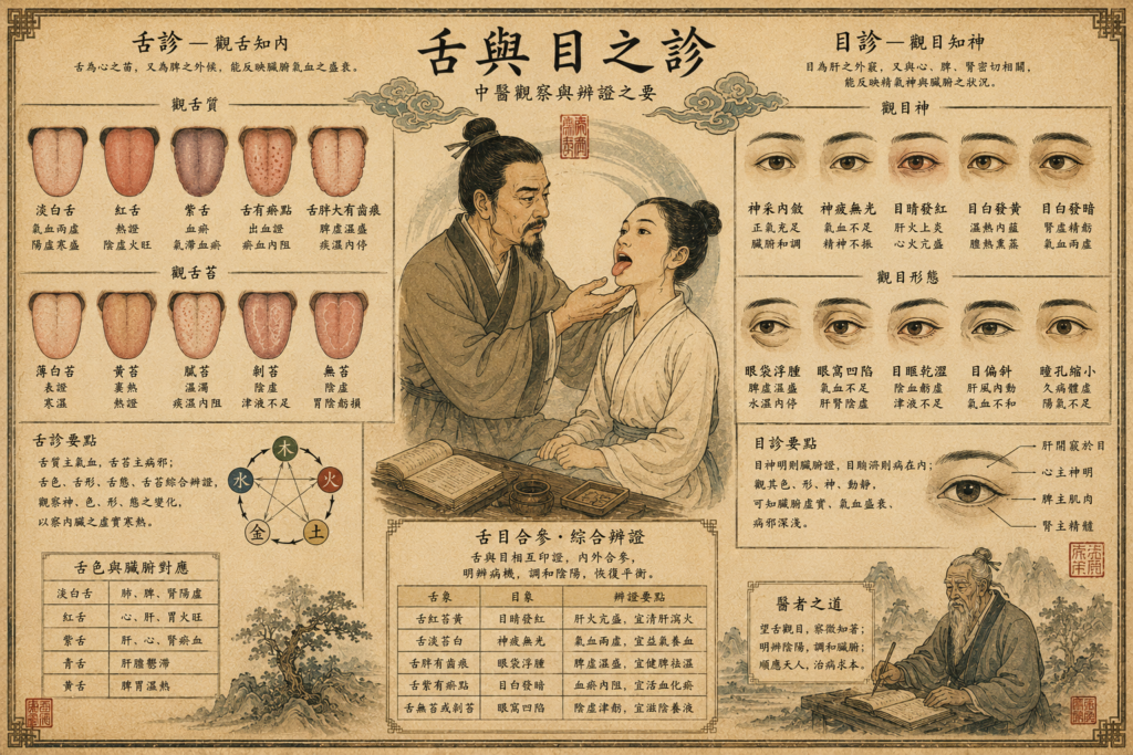 Ancien diagramme médical chinois sur la langue et les yeux pour la médecine traditionnelle.