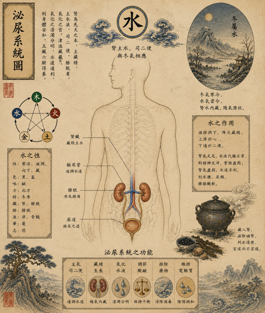 Schéma traditionnel du système urinaire et des éléments en médecine chinoise.