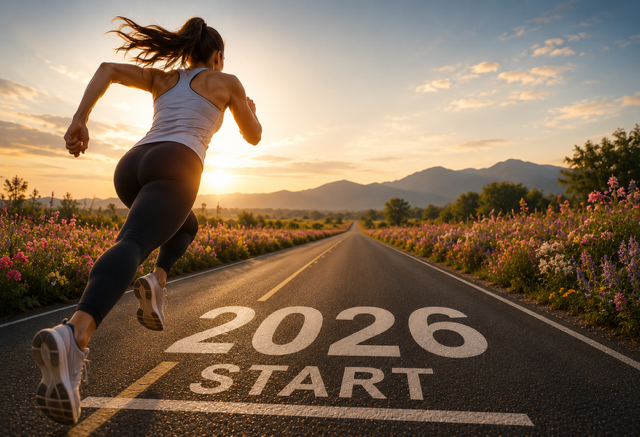 Femme courant vers 2026 sur une route de campagne au lever du soleil.