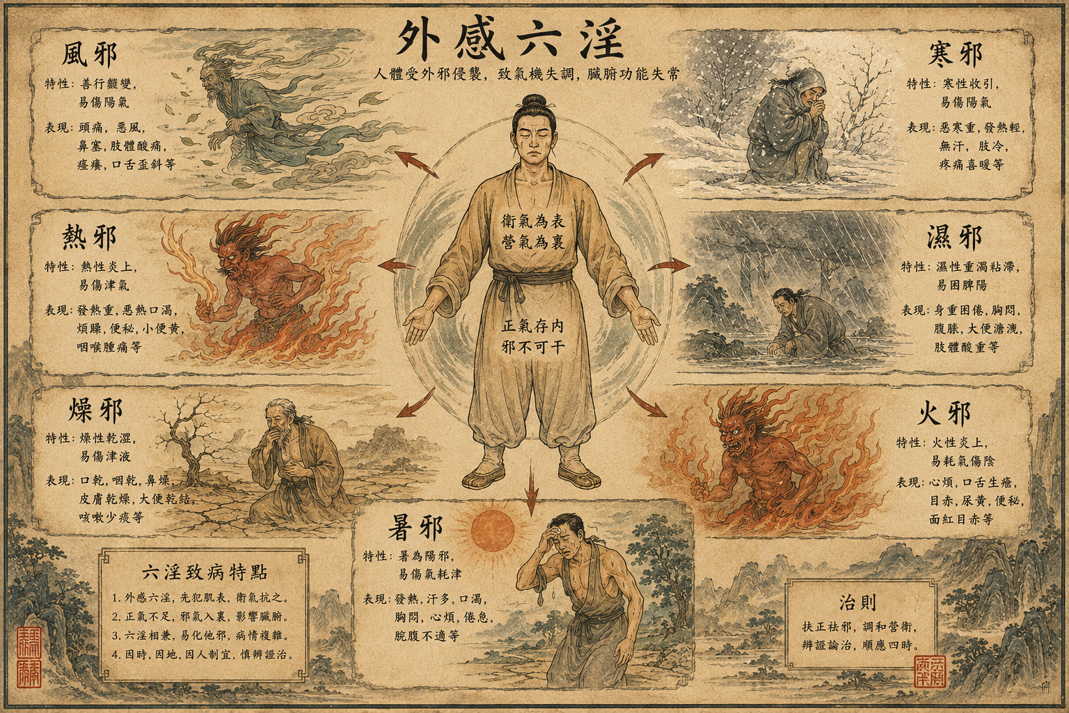 Illustration traditionnelle chinoise des six types de maladies selon la médecine ancienne.